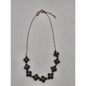 Liz Palacios SF Black Crystal Floral Station Necklace Antiqued Silver Tone 17in